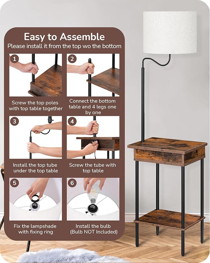 EDISHINE Floor Lamp with Table, Side Nightstand Light with 1 Drawer and 1 Shelf, Bedside Shelf Floor Lamp, Small End Table with Reading Lamp for Living Room Bedroom, Den