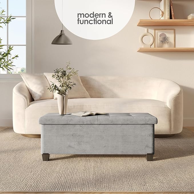 STORAGEBUD Storage Ottoman Bench with Bins, 43-in Storage Bench for Bedroom End of Bed, Folding Foot Rest Ottoman for Living Room Max 660lbs, Velvet Ottomans, Light Grey
