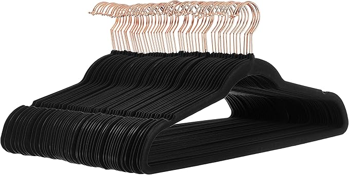 Amazon Basics Slim, Velvet, Non-Slip Suit Clothes Hangers, Black/Rose Gold - Pack of 50
