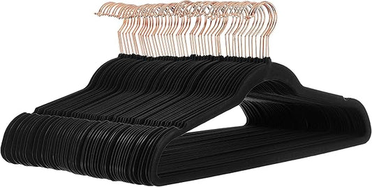 Amazon Basics Slim, Velvet, Non-Slip Suit Clothes Hangers, Black/Rose Gold - Pack of 50