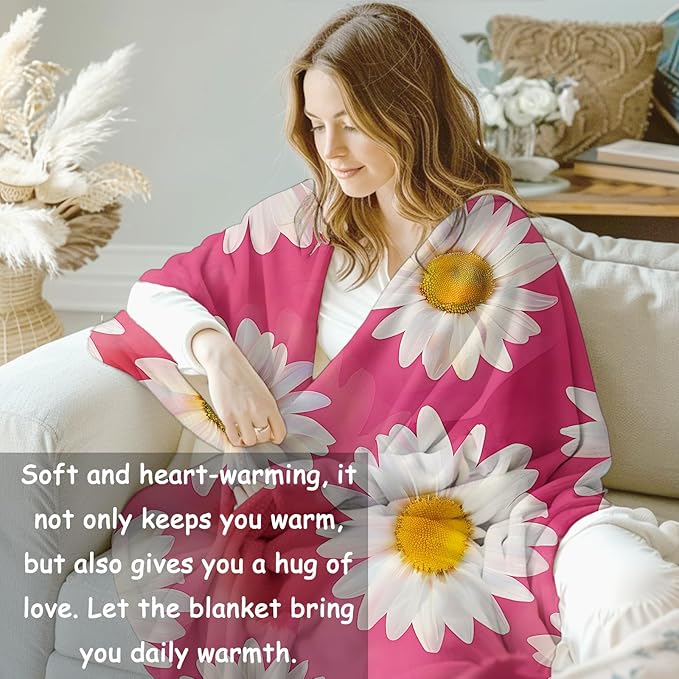 Daisy Flannel Blanket, Pink Daisy Gifts, Floral Blanket for Women, Soft Lightweight Throw Blankets for Bed Home Travel Decor 50" x 60"