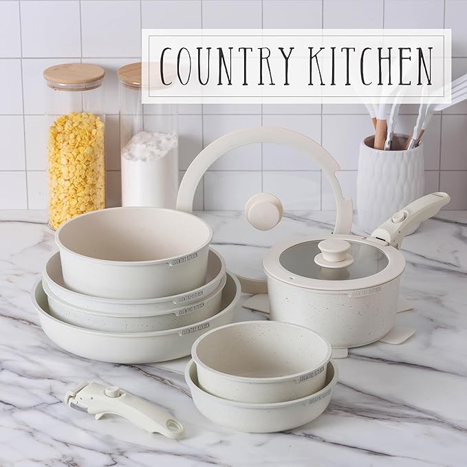 Country Kitchen Cookware Set with Removable Handle, Oven & RV Safe Pots and Pans Set, Cream, Deluxe Larger Set