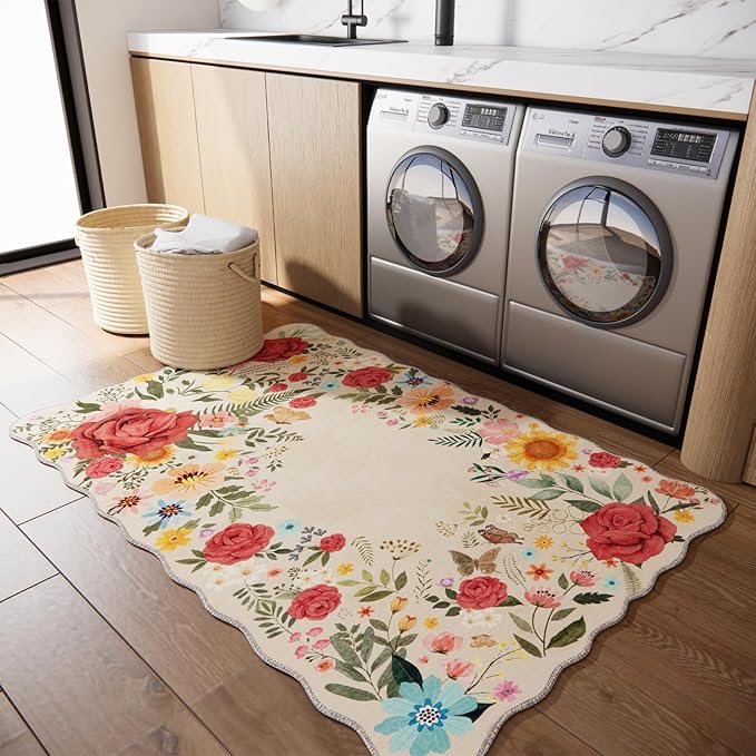 Floral Washable Area Rug 3'x5' Non Slip Boho Vintage Low Pile Soft Carpet for Living Room, Dining Room, Bedroom High Traffic Areas Indoor Rug for Bathroom, Entryway Decor (Beige