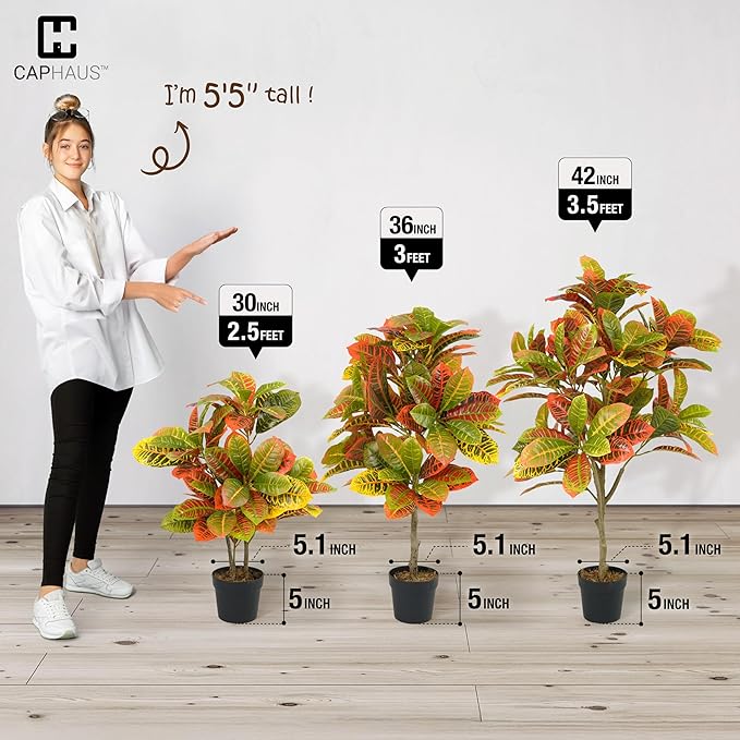 CAPHAUS 30 Inch Artificial Croton Tree Potted Plant - UV Resistant Faux Topiary Plant, Low Maintenance Realistic Indoor Outdoor Decor for Home, Office, Front Porch, Patio