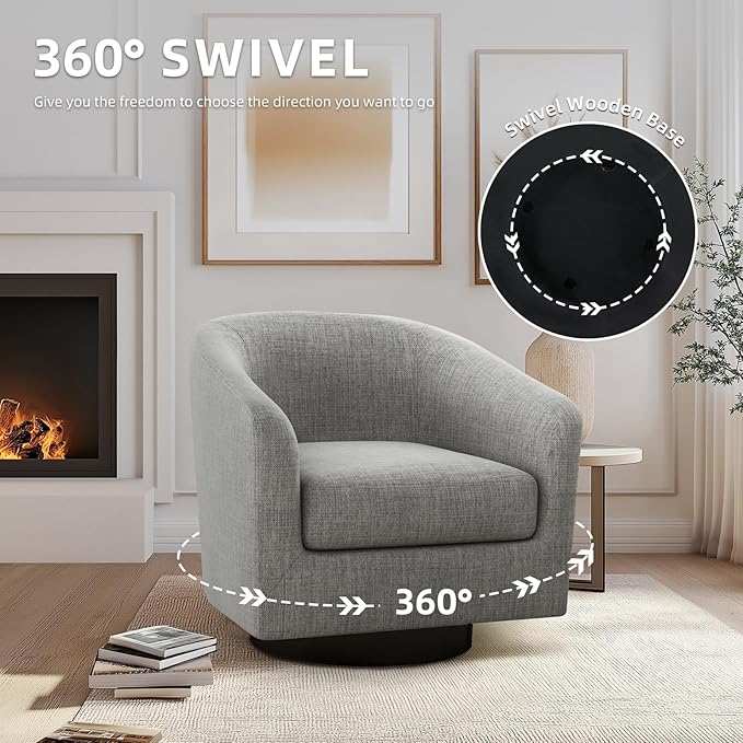 UIXE 360° Swivel Accent Chair, Fabric Barrel Club Chair Upholstered Armchair for Living Room, Round Arm Chair Bedroom Single Sofa Reading Seat - Flax Gray