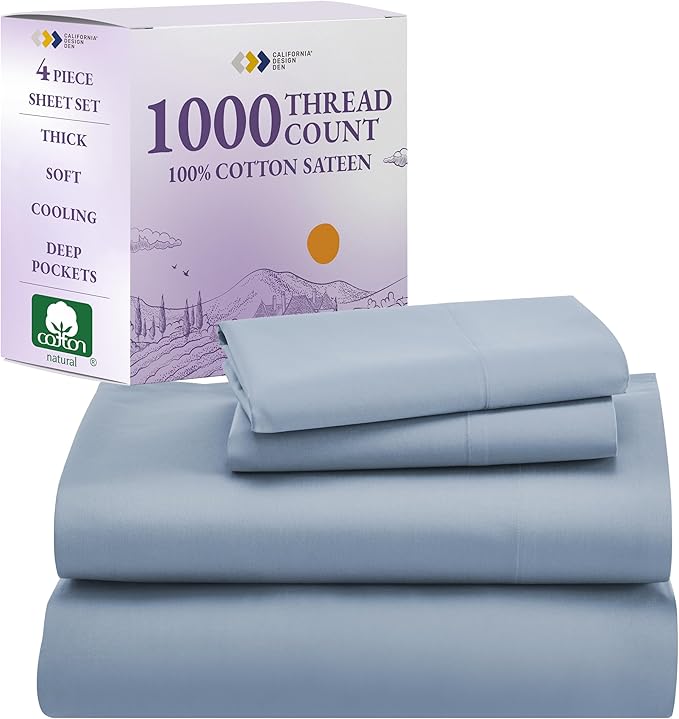 California Design Den Bed Sheets Queen Size Set - Luxury 1000 Thread Count Sateen, Thick and Natural 100% Cotton Bed Sheet, Deep Pockets, Soft, Breathable and Durable Bedding Set - Blue