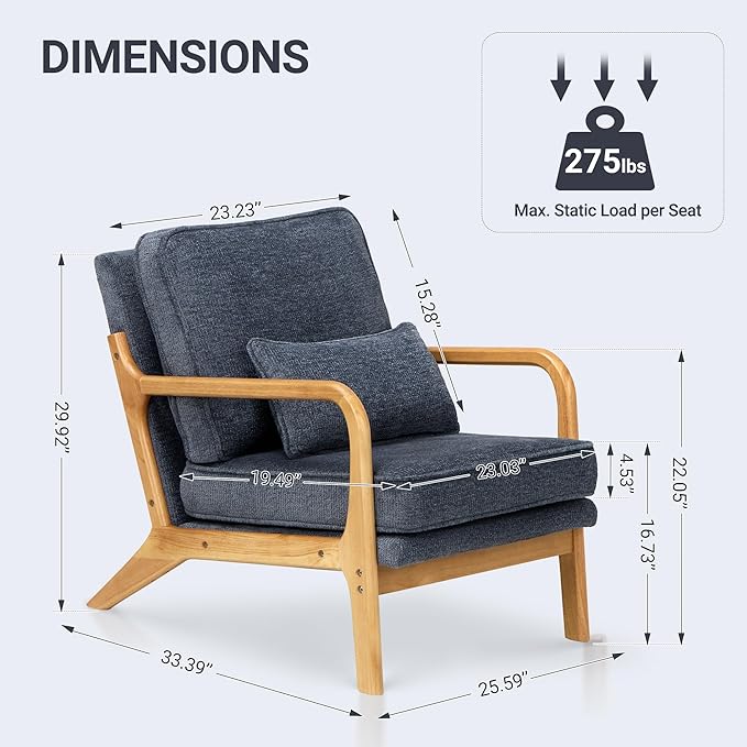 COLAMY Mid Century Modern Accent Chair Set of 2 with Lumbar Pillow, Relaxing Armchair with Solid Wood Frame & Soft Cushion, Reading Leisure Chair for Living Room（Blue）