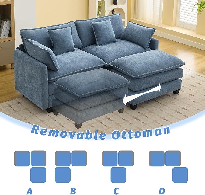 76'' Cloud Deep Seat Loveseat Sofa, Upholstered Chenille Modular 3-Seats Sectional Sofa Couch with Movable Ottoman, Modern Comfy Settee Loveseat for Living Room Set, Small Apartment, Blue