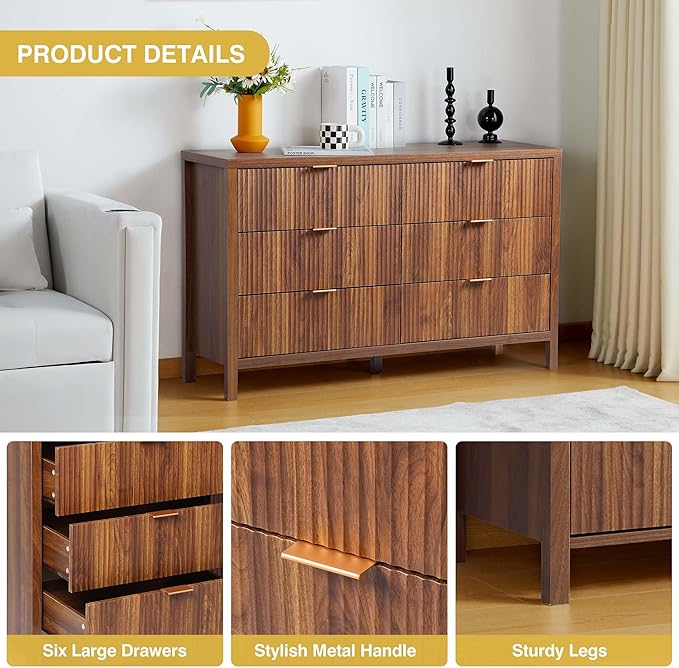 Fluted 6 Drawer TV Stand Dresser for Bedroom, Mid Century Modern Dresser with Drawers, MDF Wooden Chest of Drawers, Fluted Cabinet for Closet Cloth, Living Room, Entryway -Walnut