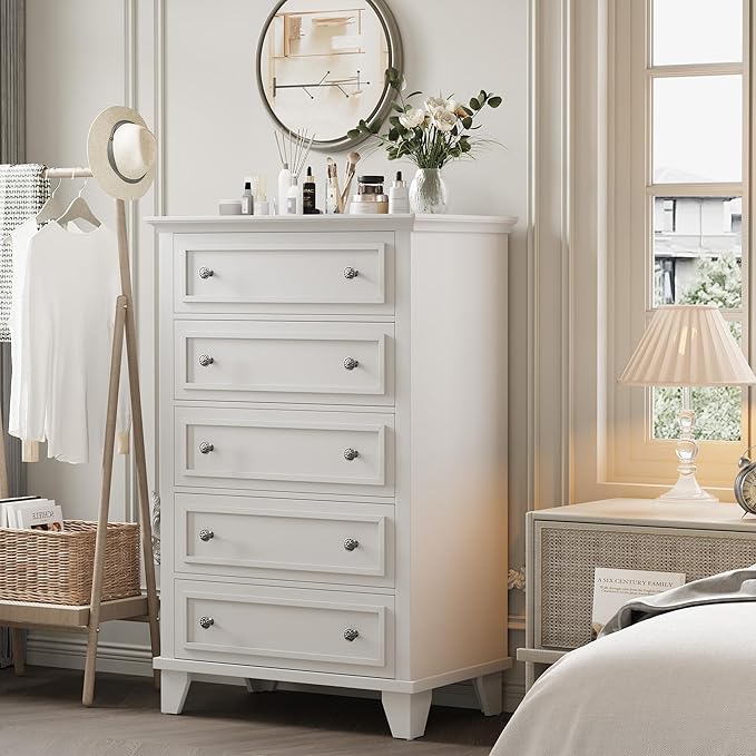 GAOMON White 5 Drawer Dresser for Bedroom, 48" Tall Wood Dresser & Chests of Drawers with Deep Drawers, Modern Chest Organizer with Metal Handles for Living Room, Hallway, Entryway