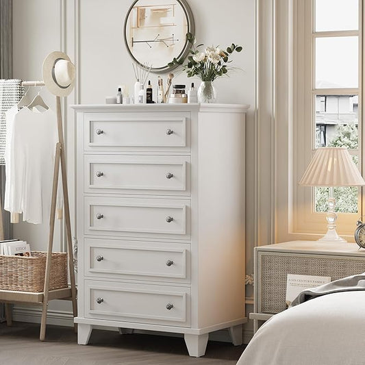 GAOMON White 5 Drawer Dresser for Bedroom, 48" Tall Wood Dresser & Chests of Drawers with Deep Drawers, Modern Chest Organizer with Metal Handles for Living Room, Hallway, Entryway