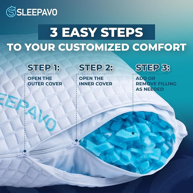 Sleepavo Adjustable Shredded Memory Foam Pillows Queen Size Set of 2 - Extra Soft Cooling Bed Pillows for Sleeping - Back, Stomach, Firm Side Sleeper, Comfy Cool - 2 Pack Best Sleepy High Loft Pillow