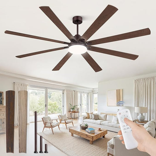 ZMISHIBO 80 Inch Industrial Ceiling Fan, Indoor/Outdoor Ceiling Fans with Large LED Panel, Quiet Reversible DC Motor, 6-Speeds, 3CCT, Brown Farmhouse Ceiling Fan for Patio, Livingroom, Garage