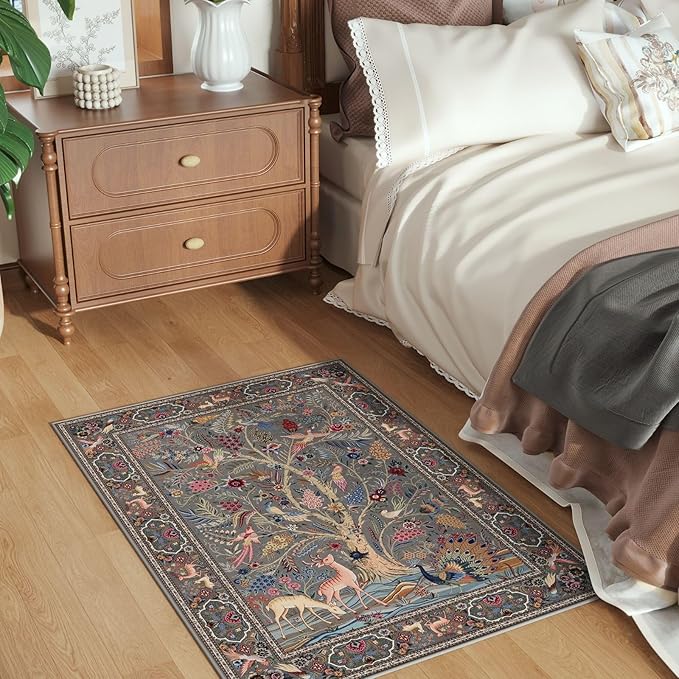 Indoor Door Mat 2x3 Rug Vibrant Tree of Life-Patterned Vintage Machine Washable Small Area Rug Non-Slip Low Pile Throw Rugs for Entryway Kitchen Front Door Entrance Entry Kids Room, Grey