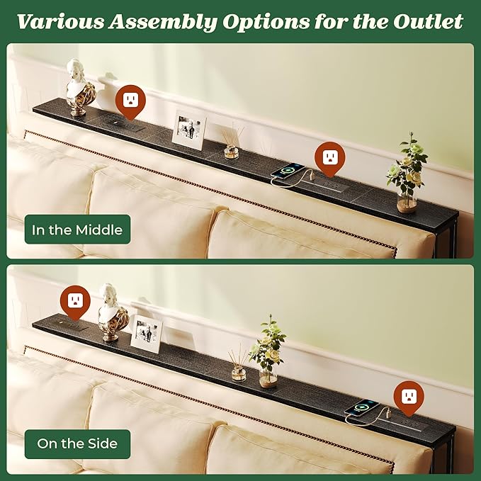 SUPERJARE 5.9 Inch Console Table with Outlet, Sofa Table, Behind Couch Table, 5.9 x 39.4 x 29.1 Inches, Metal Frame, Charging Station, for Living Room, Black