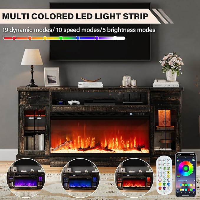 4 EVER WINNER 3-Sided Glass Fireplace TV Stand for TVs up to 80'' with 12 Color, 70" Media Entertainment Center Console Table with Doors Closed Storage,Electric tv Stands for Living Room, Rustic Oak