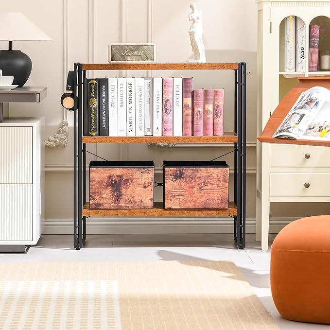 HCHQHS Bookshelf, 3-Tier Industrial Bookcase, Rustic Open Book Shelf, Freestanding Horizontal Bookshelves with Metal Frame