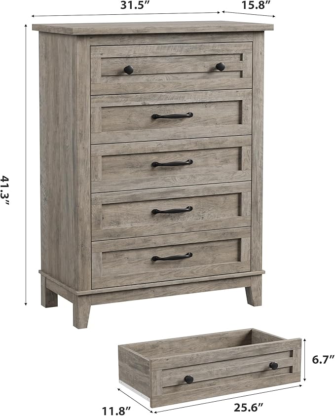 GarveeHome 5 Dresser for Bedroom, 41.3" Tall Vertical Drawer Dresser with Large Storage, Freestanding Wooden Closet Chest for Bedroom, Living Room, Grey