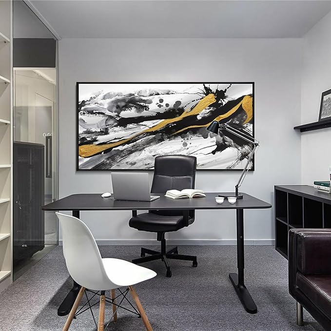 XLSJERST Black and White Abstract Wall Art - Large Frame Canvas Wall Art for Living Room Bedroom Modern Gold Ink Painting Style Picture Artwork for Wall Decor Size 29x58 Inches