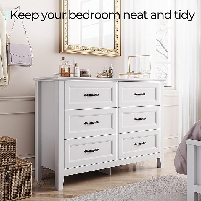 LINSY HOME Dresser for Bedroom, 6 Drawer Dresser with Metal Handles, Chest of Drawers for Living Room, Entryway and Hallway, White