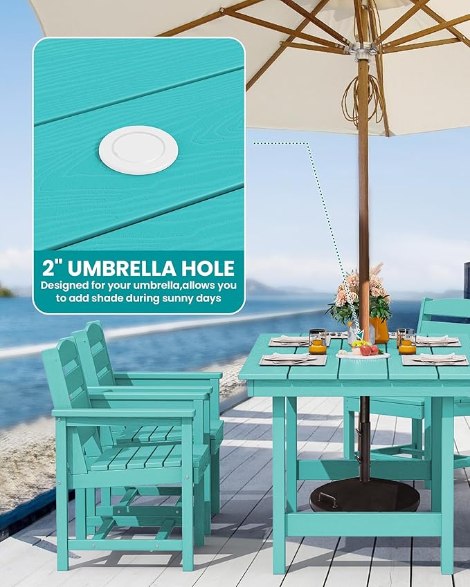 SERWALL 8-Piece Patio Dining Sets with 15FT Double Side Patio Umbrella, Outdoor HDPE Dining Furniture Set with Umbrella Hole Cut-Out Table and 6 Chairs, Aruba（Umbreall Base not Included）