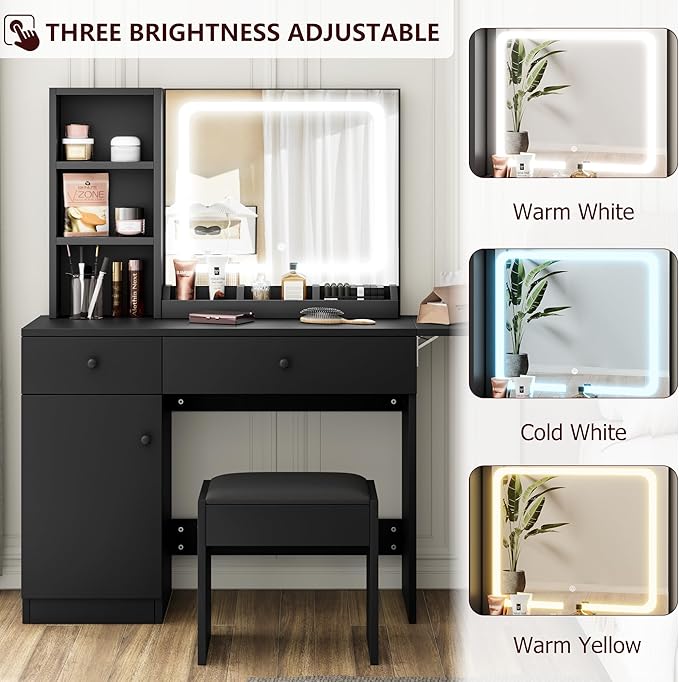 GarveeHome Makeup Vanity Desk with Mirror and Lights, Vanity Table Set with Drawer & Power Outlet ＆ Chair & 3 Shelves, Bedroom, Black