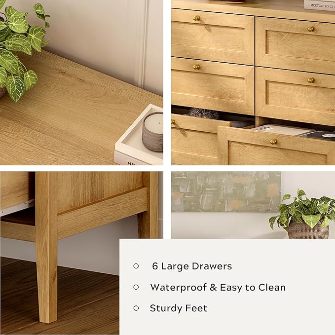 Mid Century Modern 6 Drawer Dresser for Bedroom 47" Wide Chest of Drawers Wooden Storage Dresser Organizer TV Stand for Living Room, Hallway, Natural Oak