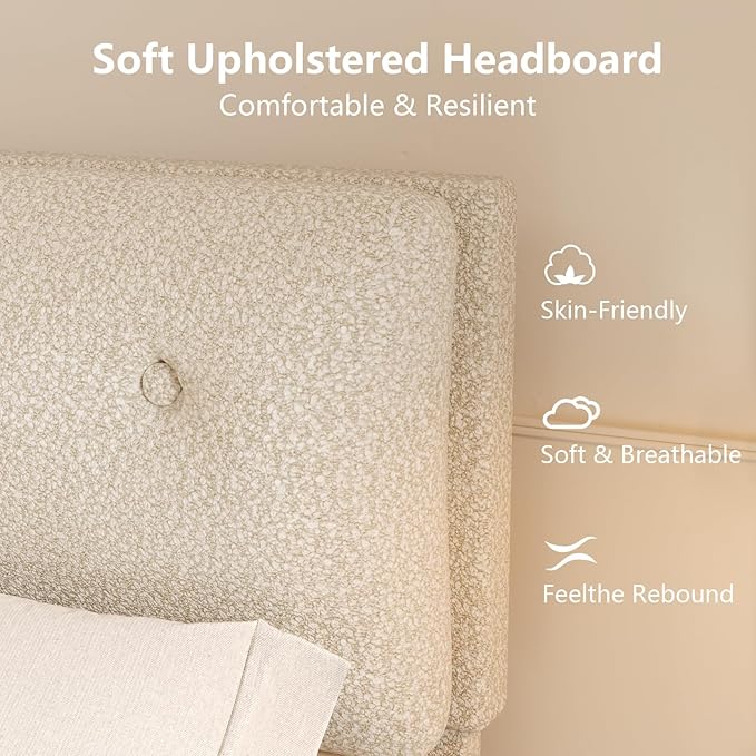 Full Bed Frames,Breathable Boucle Fabric Upholstered Bed Frame with Headboard,Removable and Washable,Wood Slat Support,No Box Spring Needed,Easy Assembly,Beige