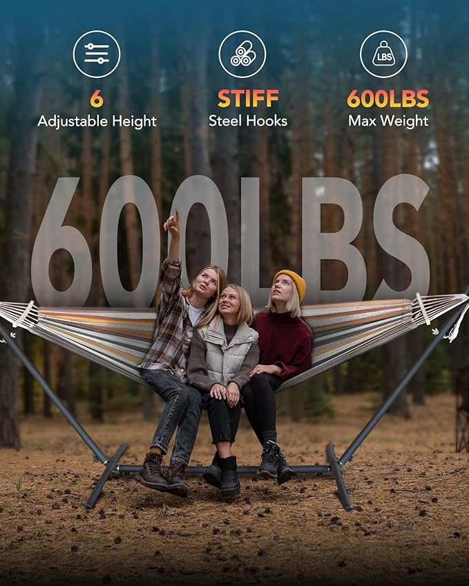 Double Hammock with Space-Saving Steel Stand, 2 Person Heavy-Duty Hammock for Garden, Yard or Outdoor, 600lbs Capacity, Coffee