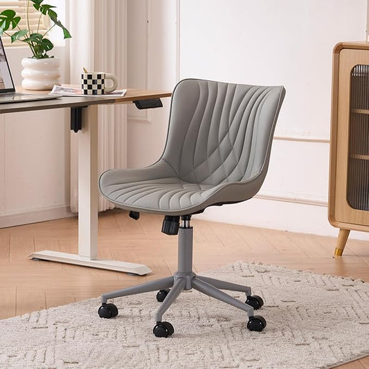 YOUTASTE All Grey Office Chair, Modern Armless Desk Chair with Back, Adjustable Swivel Rolling Faux Leather Task Chair with Wheels Metal Base for Home Office, Study, or Vanity