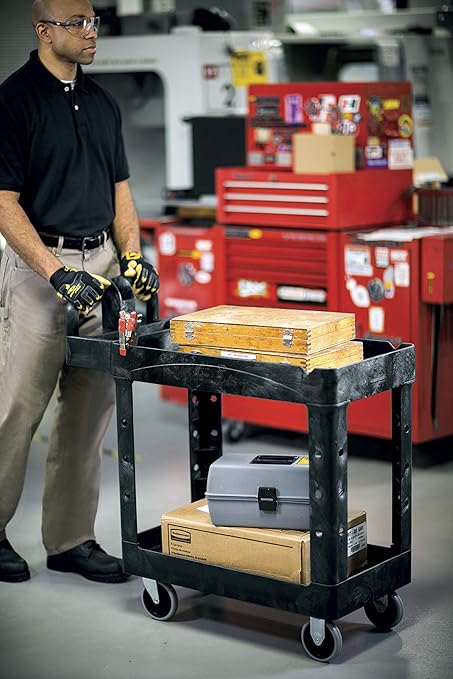Rubbermaid Commercial Products 2-Shelf Utility/Service Cart, Small, Lipped Shelves, Ergonomic Handle, 500 lbs. Capacity, for Warehouse/Garage/Cleaning/Manufacturing