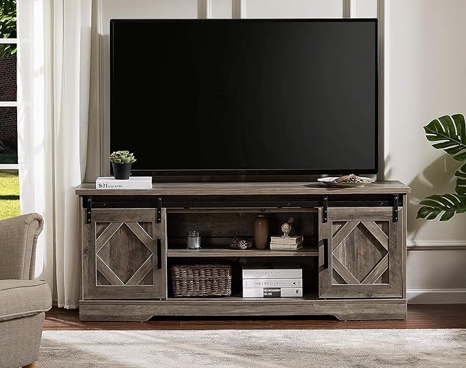 WAMPAT Farmhouse Sliding Barn Door TV Stand for TVs Up to 65 inch, Modern Storage Entertainment Center, Wood Media Console Table Cabinet 3-Level Adjustable Shelf for Living Room, Wash Grey