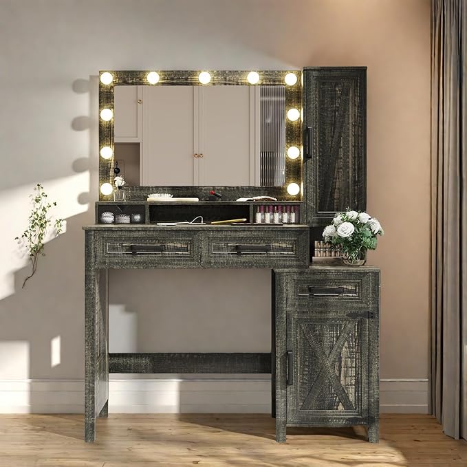 Makeup Vanity, Farmhouse Vanity with Square Mirror & Tricolor Lighting Adjustment, 43'' Fashion Makeup Desk with Two Spacious Drawers, Side Storage Cabinet & Built-in Charging Station, Brown