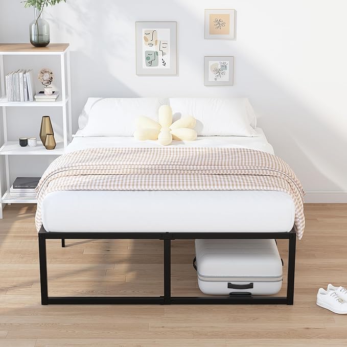 EMODA 18 Inch California King Bed Frames Heavy Duty Metal Cal King Platform with Steel Slats Support, No Box Spring Needed, Noise Free, Black