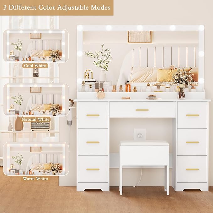 Makeup Vanity Desk with Mirror and Lights, Glass Top Vanity with 38" Lighted Mirror & Charging Station, Large Vanity Mirror with Lights Desk and Chair for Girls 3 Lightings Mode Adjusted, White