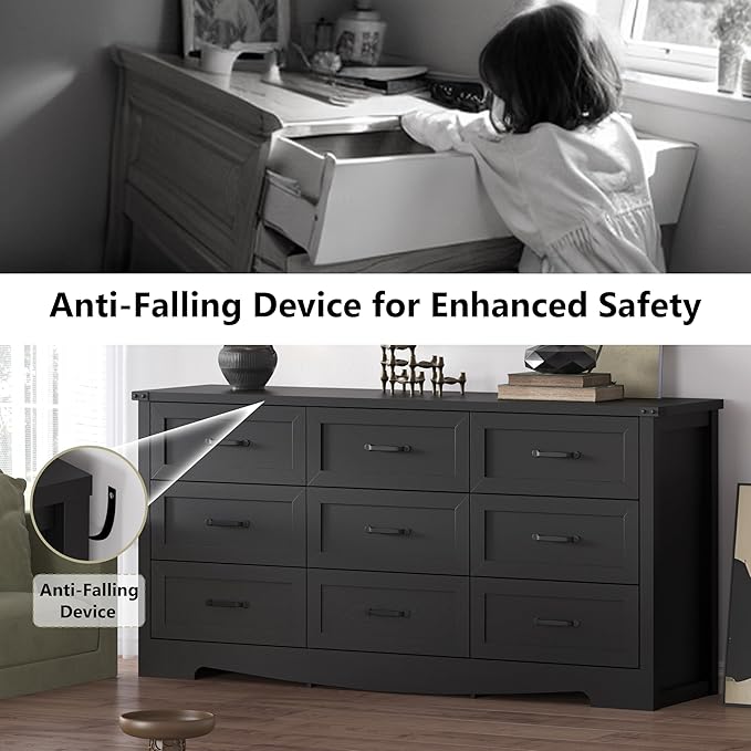 Black Dresser for Bedroom, 59'' Wide Chest of Drawers with Natural Wood Texture, 9 Drawer Dresser for Closet with Metal Handles, Sleek Storage Solution for Living Room, Office, Hallway