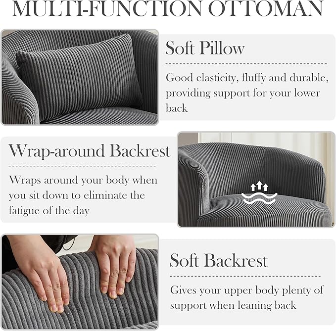 Aoiy & Wifon 34.25" W Swivel Barrel Chair, Upholstered Round Small Accent Chair, Single Comfy Barrel Chair for Living Room, Corduroy, Charcoal