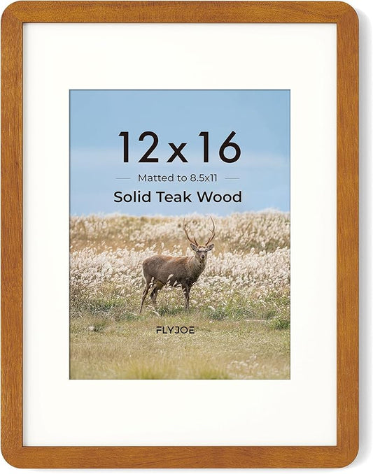 12x16 Picture Frame - Solid Teak Wood 12x16 Poster Frame, 12''x16'' Picture Frame With Mat For 8.5x11, Tempered Glass and Hanging Hardware Included, 16 By 12 Frame Wood, Natural Teak