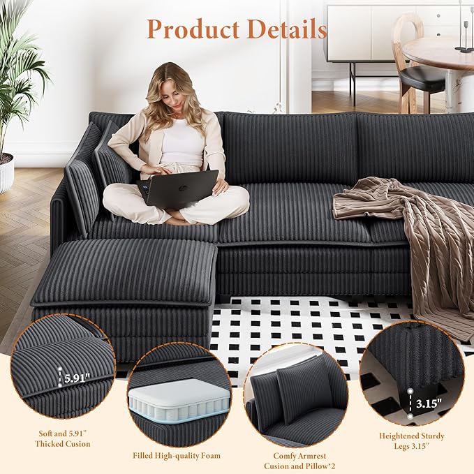 Vesgantti 109" U Shaped Cloud Sectional Sofa, Comfy Corduroy Upholstered Sectional Modular Sofas for Living Room, Modern Modular Couch with 2 Ottoman Deep Seat, Dark Grey