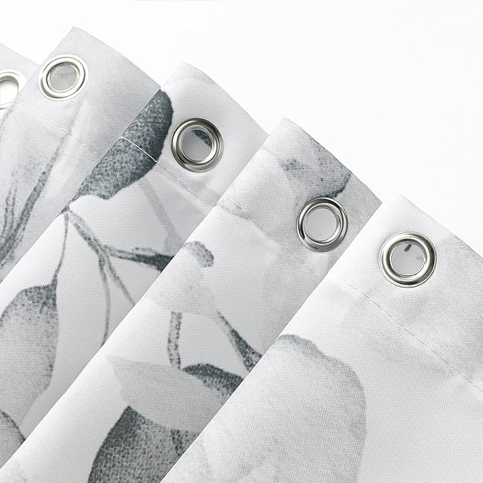 Gibelle Extra Long Shower Curtain 72 x 84, Grey Floral Shower Curtain for Bathroom, Watercolor Plant Eucalyptus Leaves Fabric Shower Curtain Set with Hooks