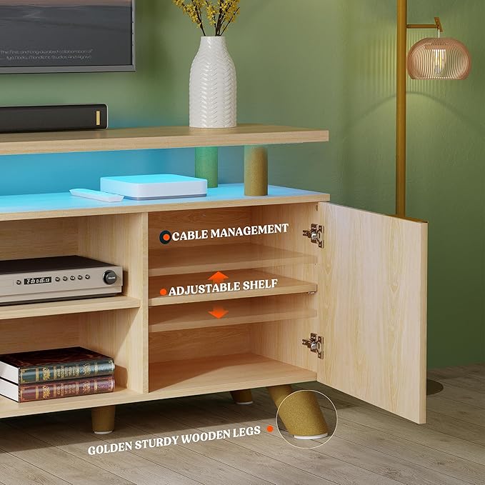 Lulive Modern TV Stand for 55/60/65/70 inch Television, Entertainment Center with Wooden Storage Cabinets and Power Outlet，Media Console for Living Room Bedroom (Natural Oak)