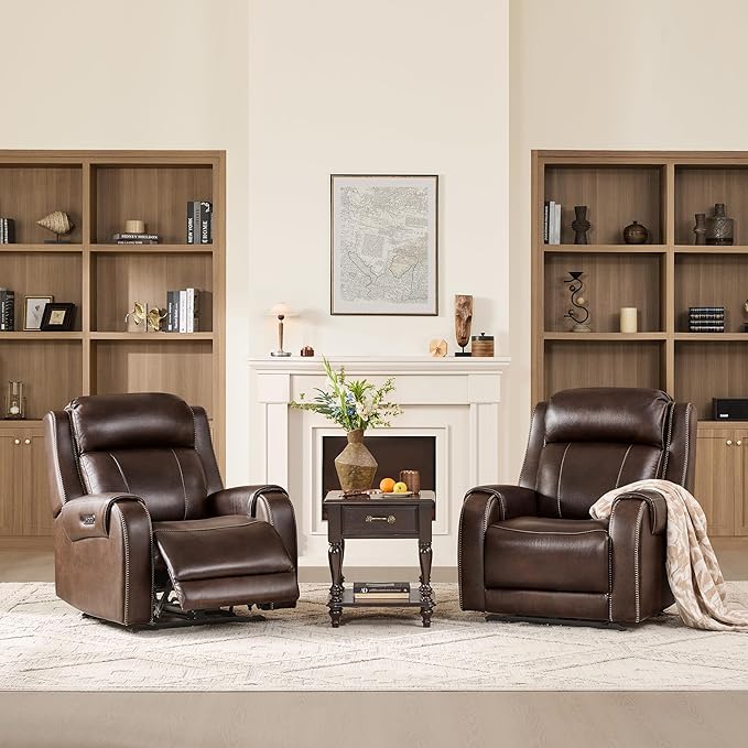 CHITA Genuine Leather Power Recliner Chair for Adults, Electric Wall Hugger Recliner with Adjustable Power Headrest & USB/Type-C Ports, Compact for Small Spaces & Living Rooms, Dark Brown
