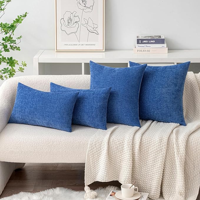 MIULEE Pack of 2 Couch Throw Pillow Covers 16x16 Inch Soft Royal Blue Chenille Pillow Covers for Sofa Living Room Solid Dyed Pillow Cases