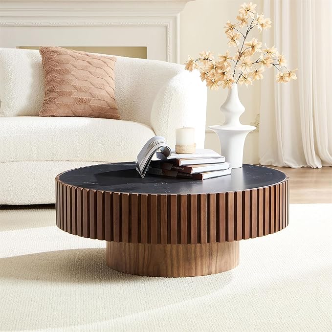35.43'' Walnut Coffee Table Modern Handcraft Drum Round Circle Wooden Solid Wood Veneer Tea Table for Living Room Apartment (Sintered Stone Tabletop)