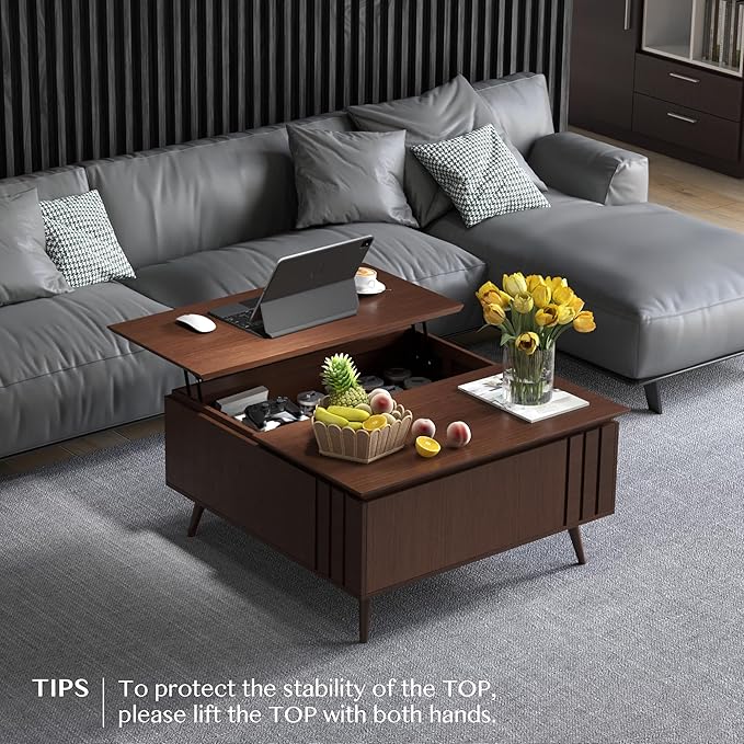 36" Lift Top Coffee Table with Storage,Large Square Coffee Tables for Living Room,Mid Century Modern Center Table for Home Office, Dark Walnut