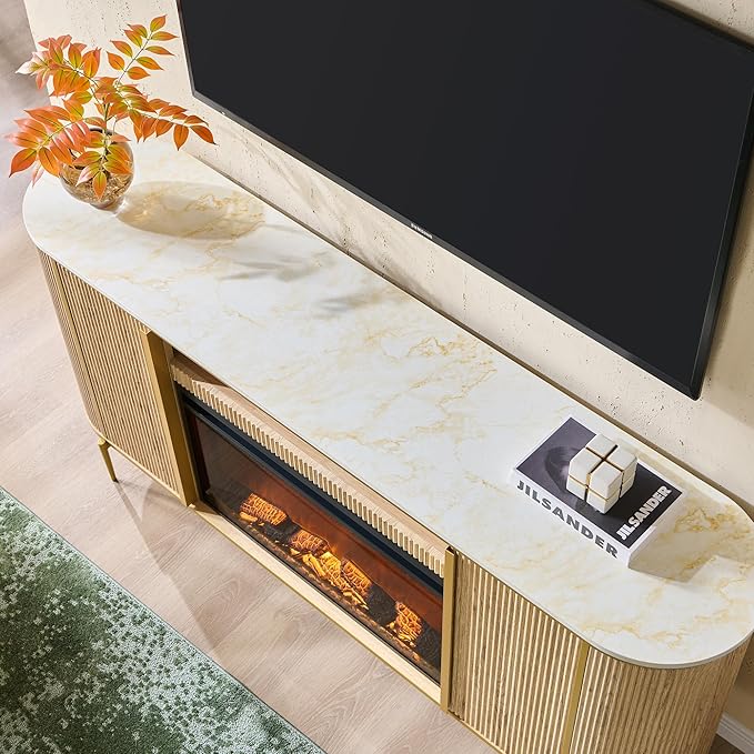 OKD Luxury 70" Fluted Fireplace TV Stand, Modern Chic Entertainment Center for TVs Up to 80 inches, TV Console with Faux Marble Top, Curved Profile Design, Media Console for Living Room, Natural Oak