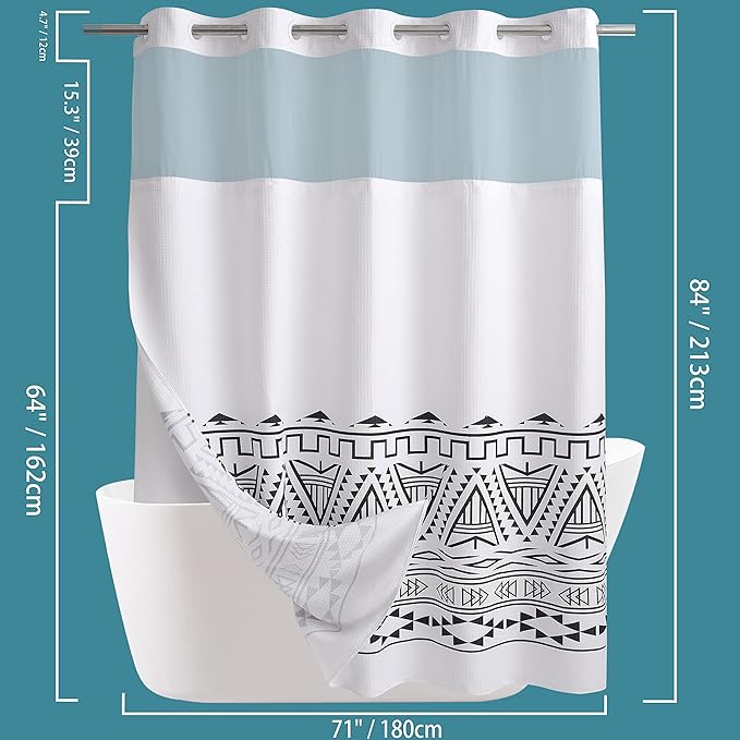 Extra Long No Hook Waffle Weave Shower Curtain with Snap in Liner Set, Hotel Luxury Boho Shower Curtains for Bathroom with See Through Top Window, Waterproof, Washable 71W x 84H White