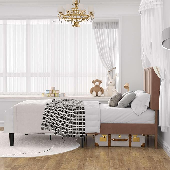 VECELO Twin Size Bed Frame with Upholstered Headboard, Velvet Platform Bedframe Mattress Foundation, Strong Wood Slat Support, No Box Spring Needed,Warm Brown