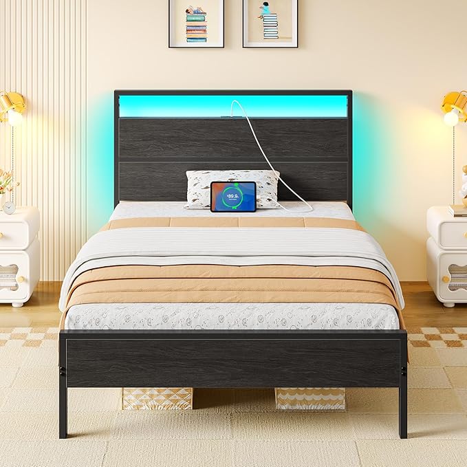 Rolanstar Twin Bed Frames with Headboard, Twin Bed with LED Lights, Camas Twin Size Bed with Charging Station, Solid Metal Slats, Noise Free, No Box Spring Needed, Black