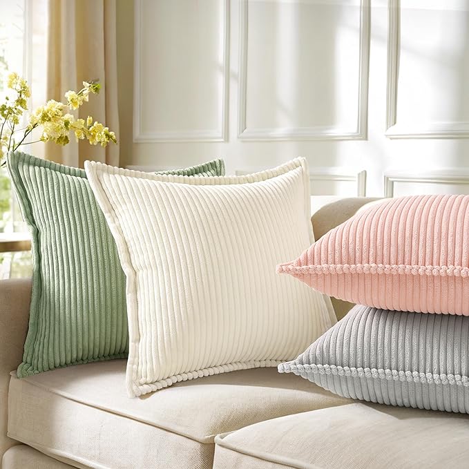 decorUhome Corduroy Sage Green Throw Pillow Covers 20x20 Set of 2 Decorative Soft Boho Striped Neutral Euro Farmhouse Couch Pillow Covers with Broadside for Living Room Bed Sofa